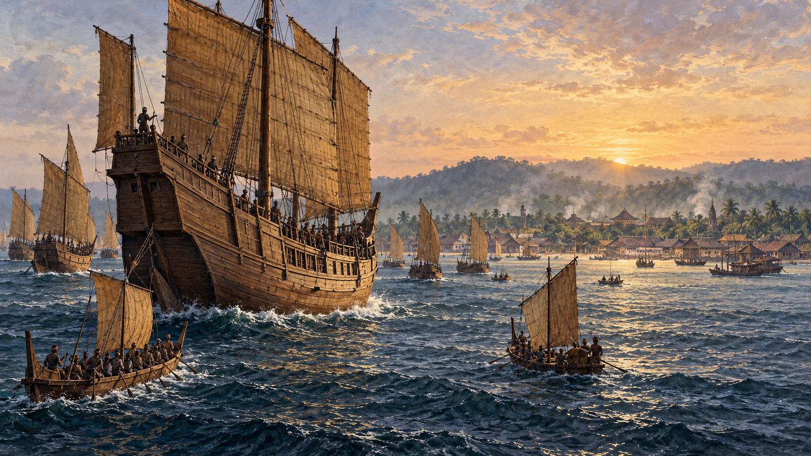 Ilustrasi AI armada jong Jawa menuju pesisir Melaka; tafsiran artistik, bukan gambaran sezaman.