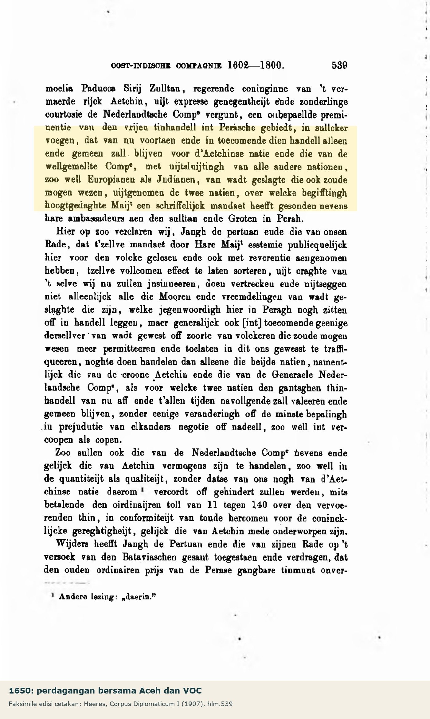 Halaman 539 edisi cetakan perjanjian 1650, dengan klausa perdagangan bersama Aceh dan VOC ditandakan.