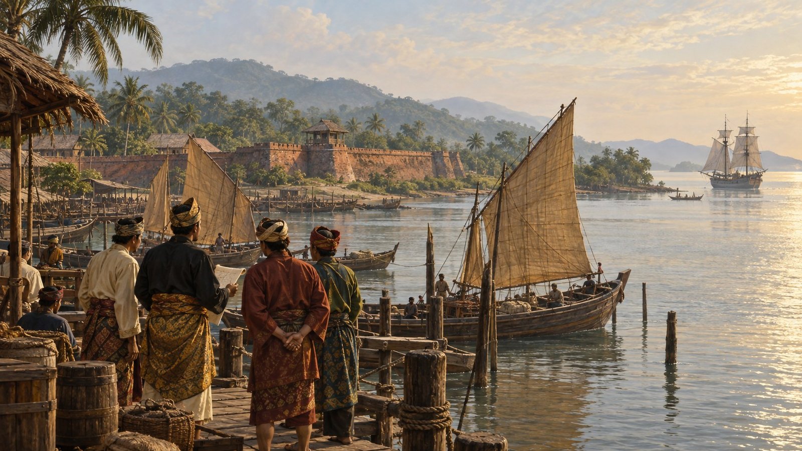Ilustrasi AI pelabuhan Kedah abad ke-18; gambaran rekaan, bukan rupa sebenar kota atau perundingan 1771.